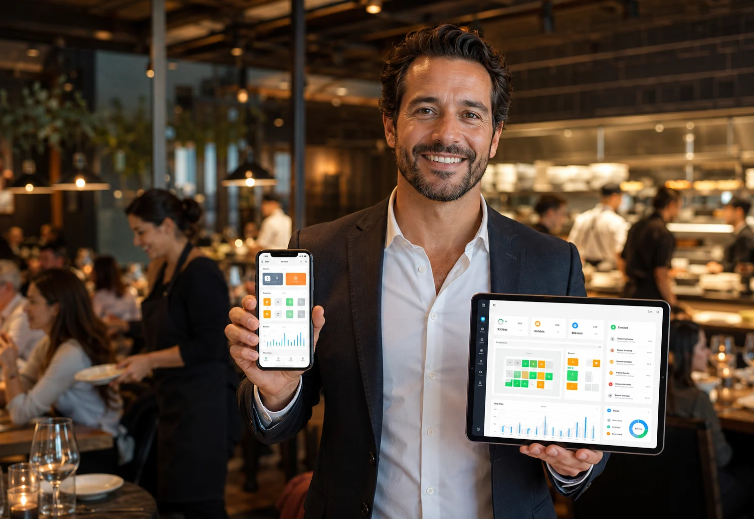 Restaurant owner using a phone and tablet to monitor DeliveryZone POS operations during service.